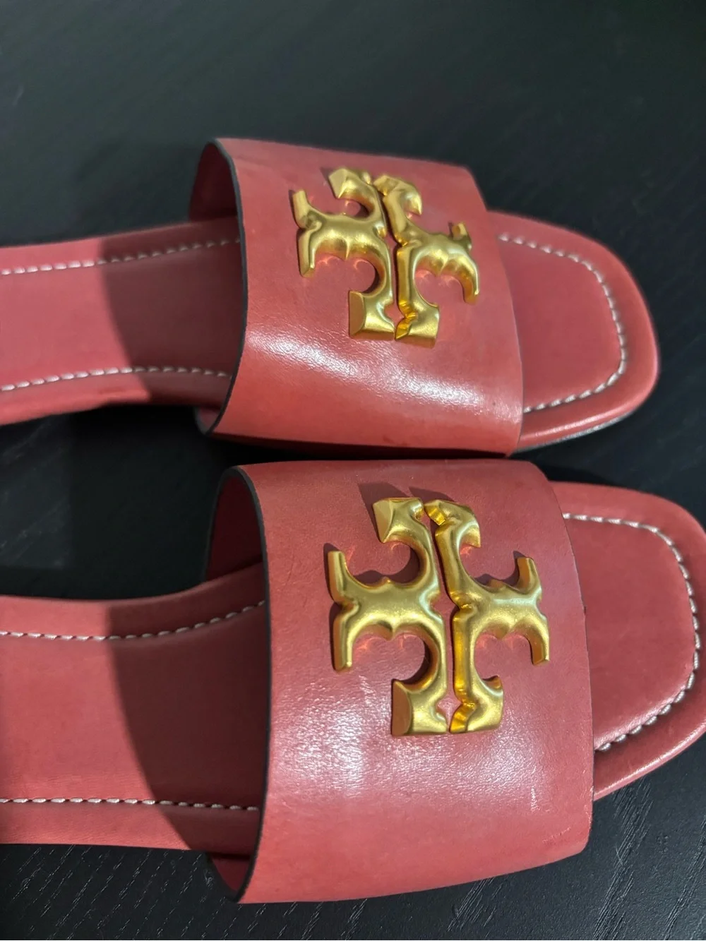 Tory Burch Coral-Red Leather Slide Sandals with Gold Logo